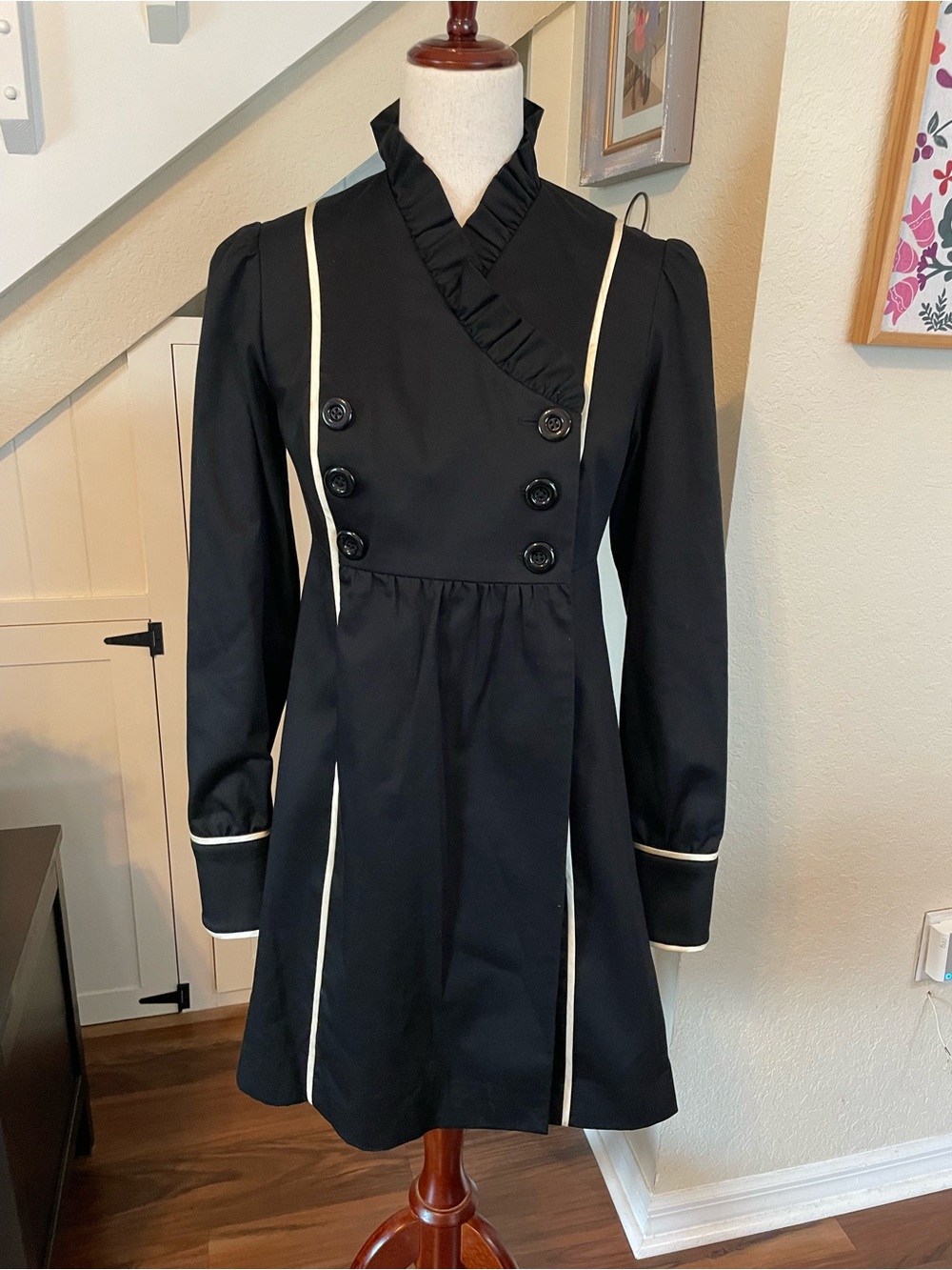 Betsey Johnson Black Ruffle Collar Double Breasted Coat Size 6 Military Style
